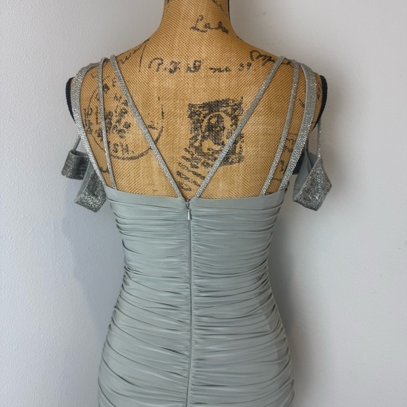Mignon sage stretch Silver Ruched Rhinestone Strap Dress - Size 4 - Picture 6 of 7